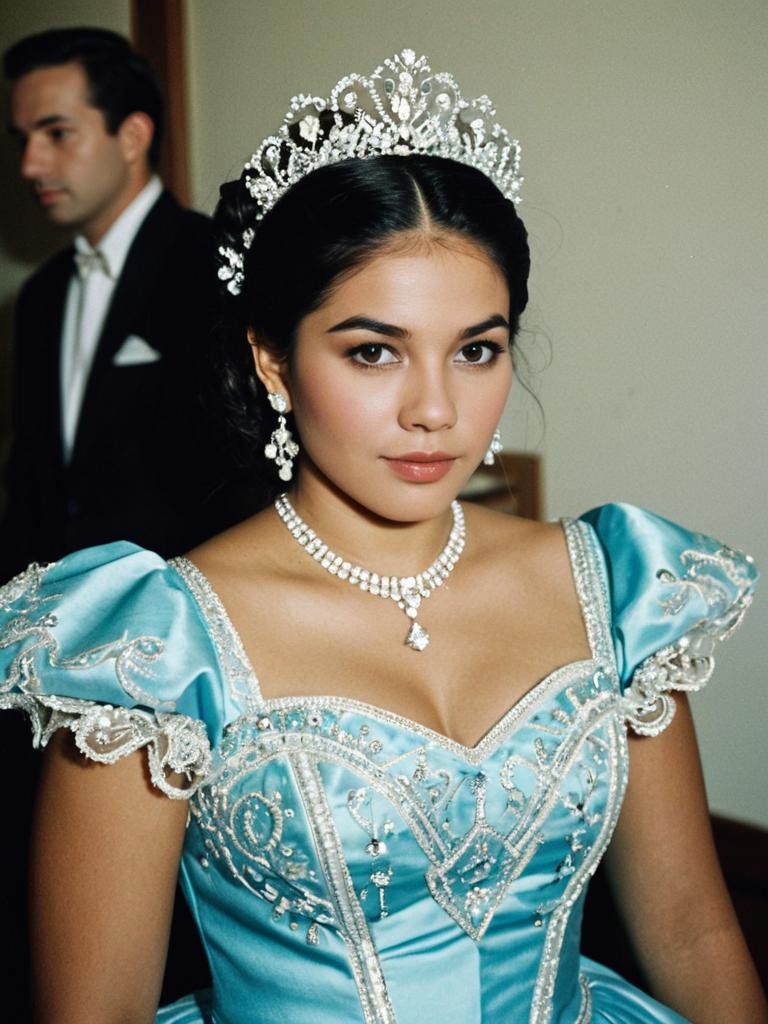 Young Woman in Ornate Blue Quinceañera Gown