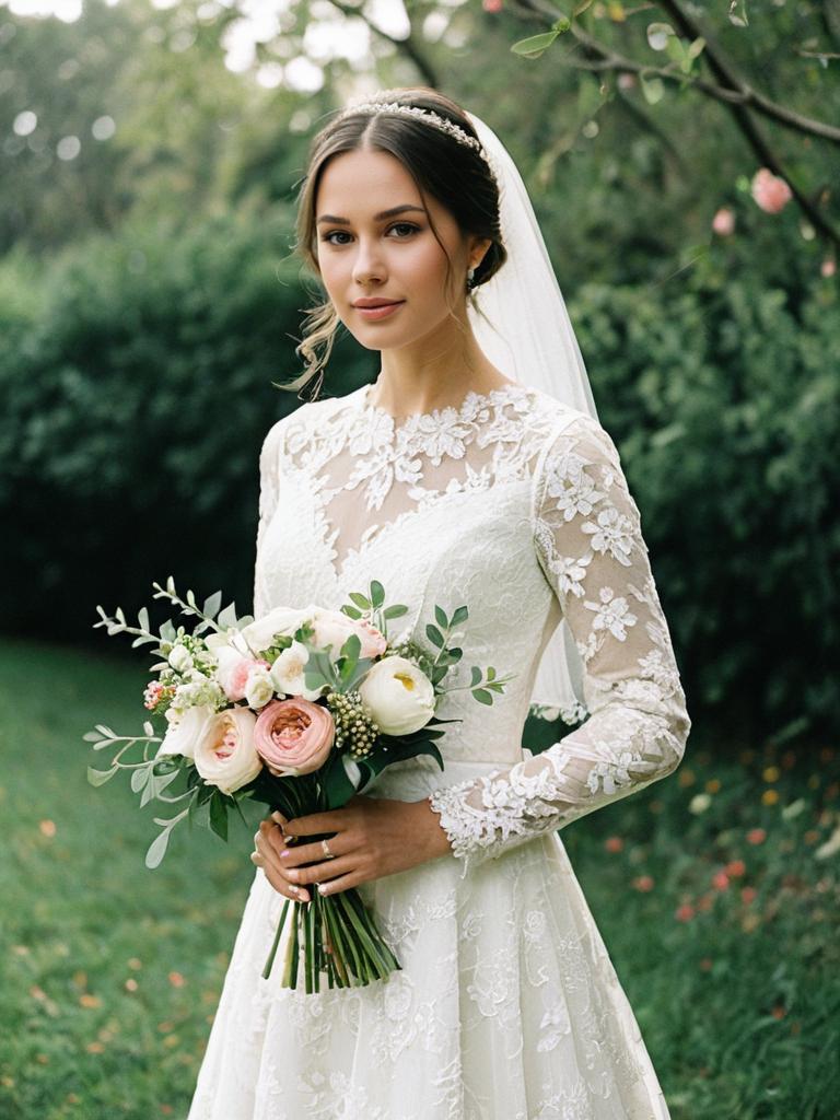 Elegant Bride in Lace Wedding Dress Holding Bouquet Outdoors