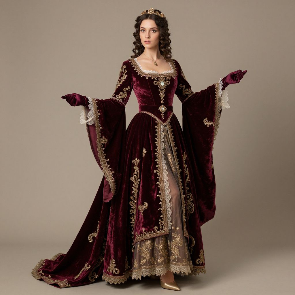 Renaissance Style Woman in Luxurious Burgundy Velvet Gown with Gold Embroidery
