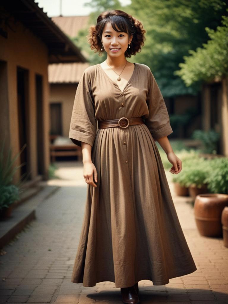 Elegant Woman in Brown Dress in Serene Outdoor Setting