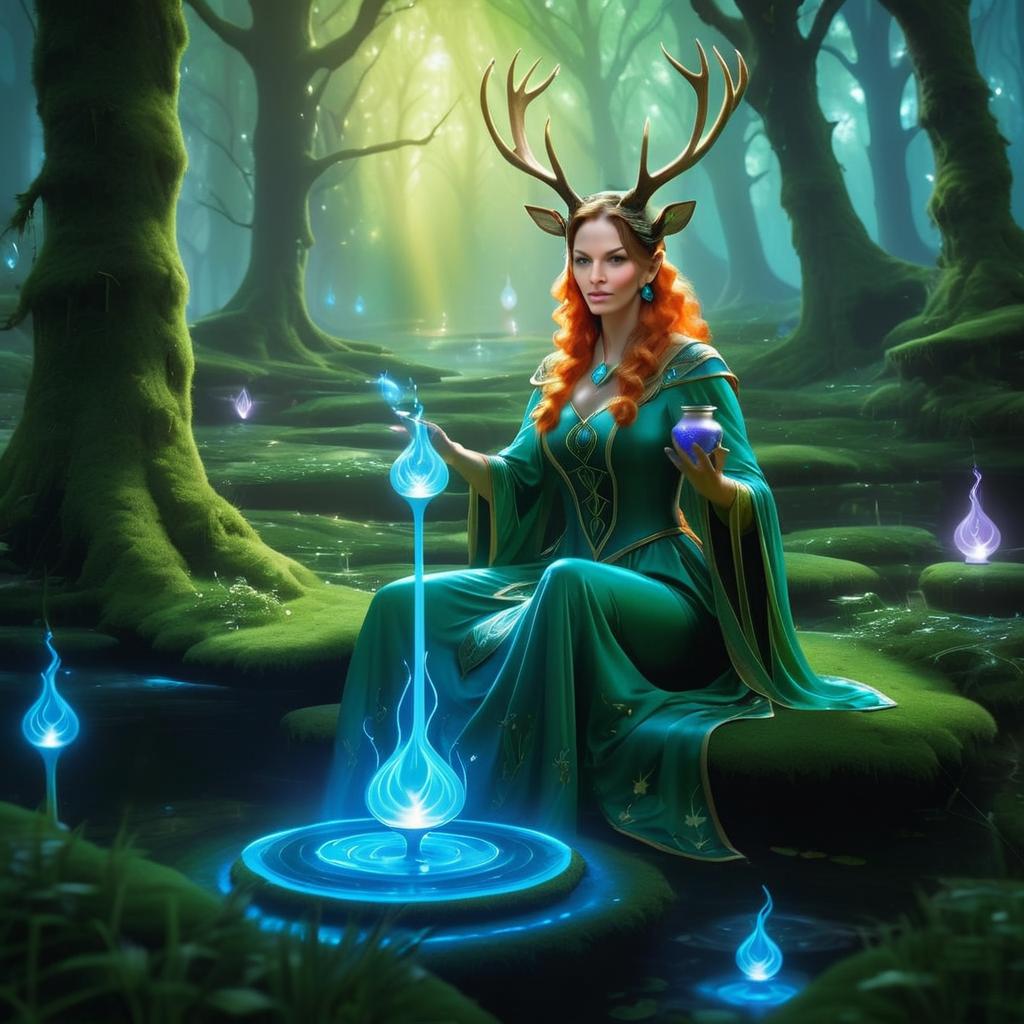 Enchanted Forest Sorceress with Antlers in Mystical Fantasy Setting
