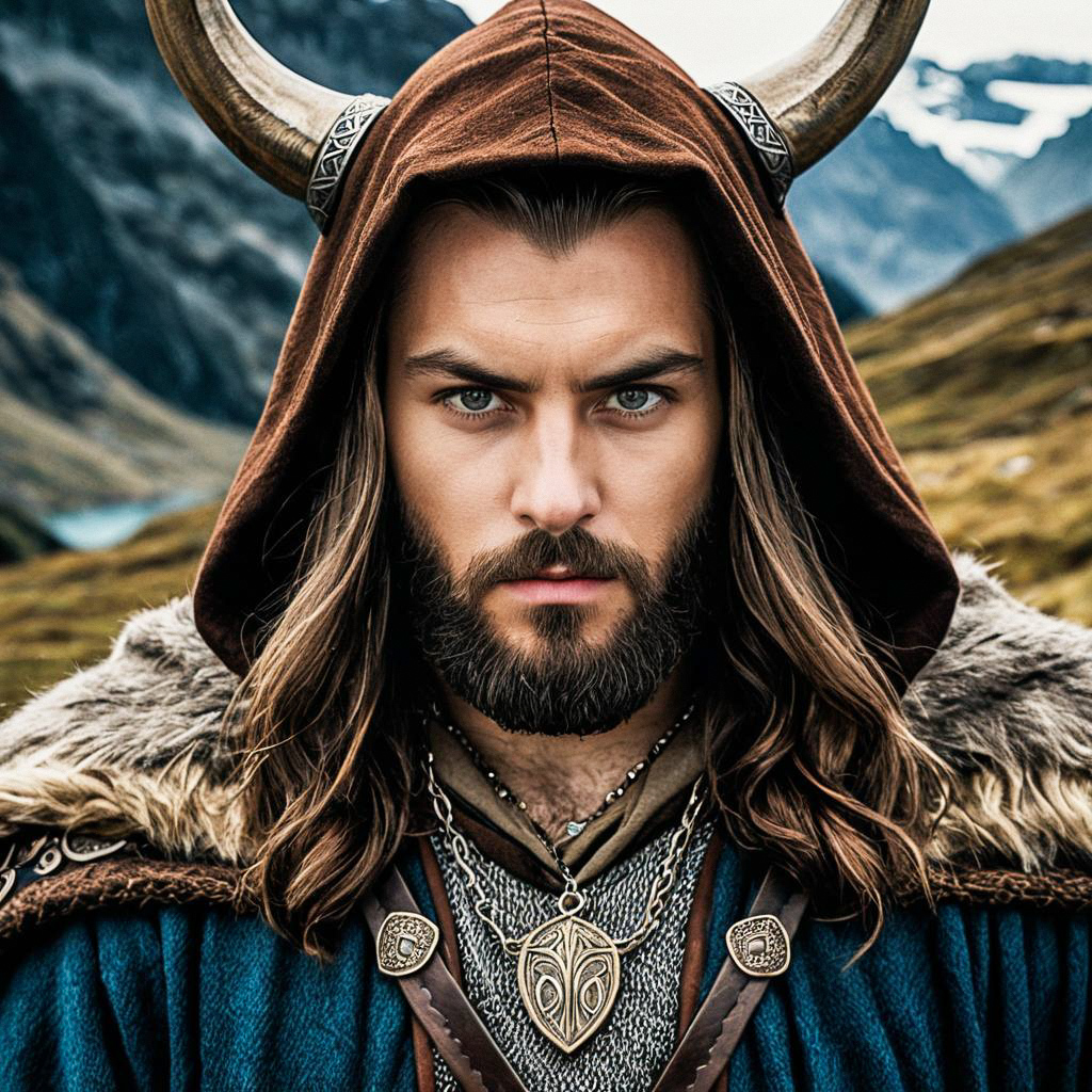 Man in Fantasy Costume with Fur Cloak in Mountains Man in Fantasy Costume with Fur Cloak in Mountains