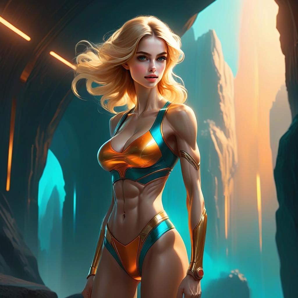 Fit Woman in Futuristic Athletic Outfit in Cavern