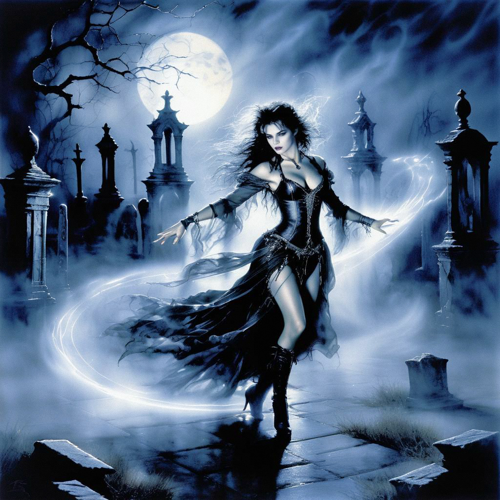 Mystical Woman in Black Gown in Graveyard