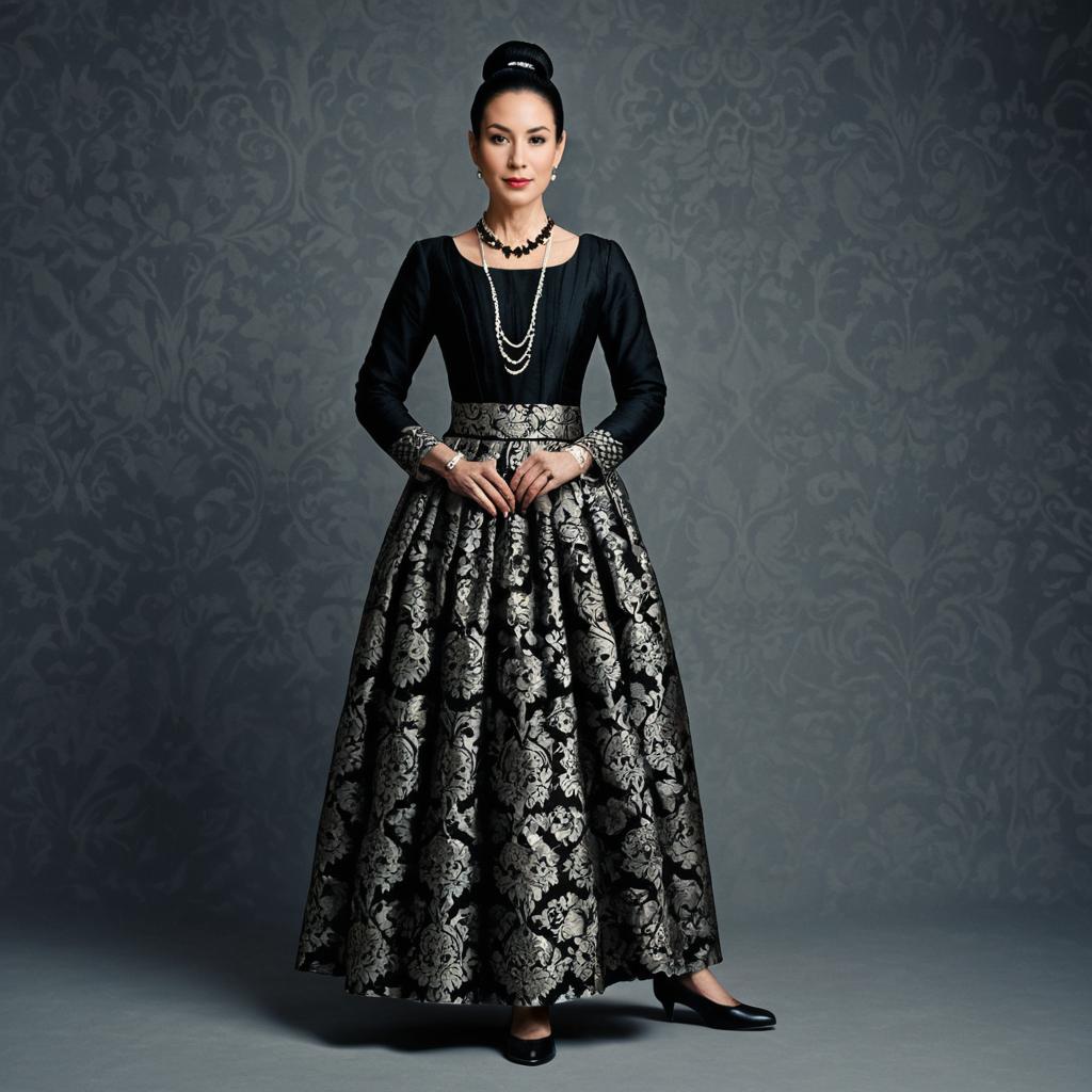 Elegant Woman in Black and Silver Brocade Evening Gown