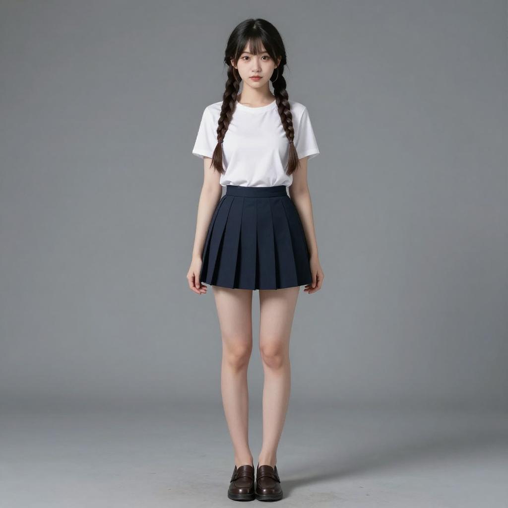 Young Woman in White T-Shirt and Navy Pleated Skirt Casual Gen Z Fashion