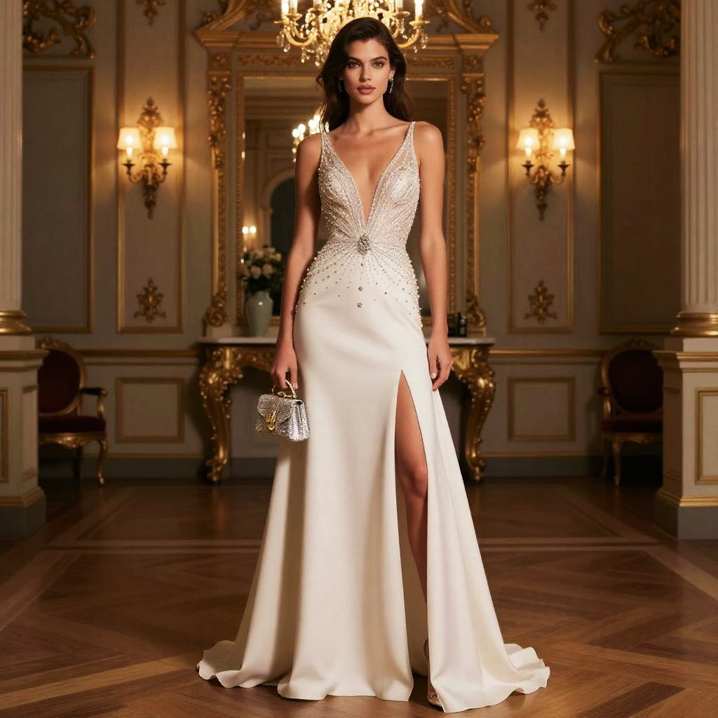 Elegant Woman in White Beaded Evening Gown with Thigh Slit in Luxurious Interior
