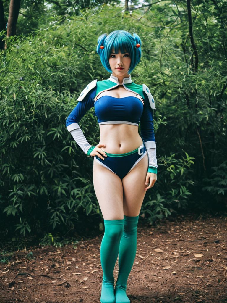 Earth-chan Cosplay Woman in Blue Green Futuristic Outfit Outdoor