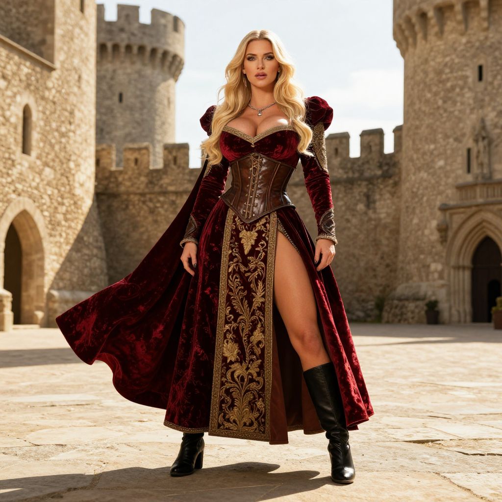Woman in Medieval Inspired Velvet Dress Posing at Stone Castle