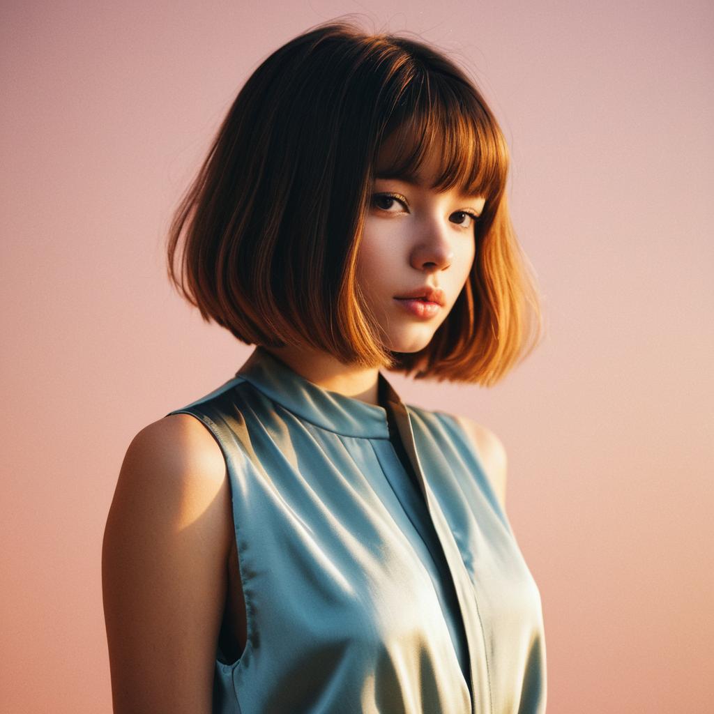 Elegant Young Woman with Bob Haircut in Satin Top Portrait
