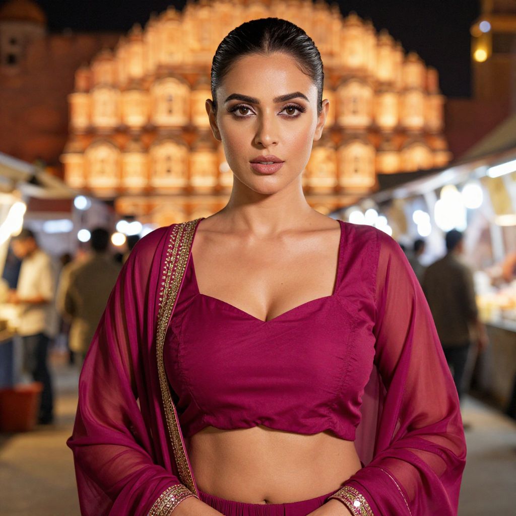 Confident Woman in Traditional Magenta Outfit at Historic Illuminated Palace