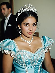 Young Woman in Ornate Blue Quinceañera Gown