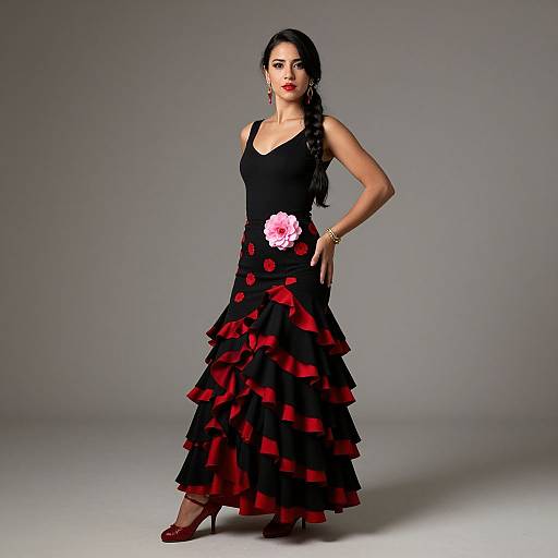 Woman in Traditional Black and Red Flamenco Dress with Pink Flower