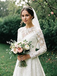 Elegant Bride in Lace Wedding Dress Holding Bouquet Outdoors