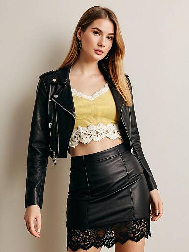 Stylish Woman in Black Leather Jacket and Lace Trim Skirt