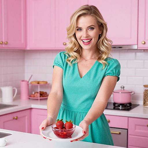 Smiling Woman in Turquoise Dress Holding Strawberries in Pink Kitchen