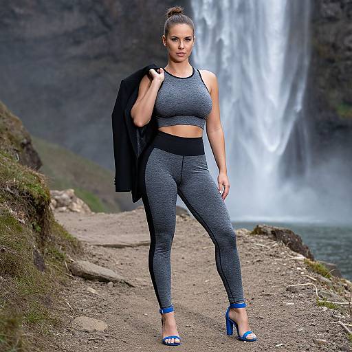 Woman in Gray Athletic Outfit and Blue Heels Near Waterfall Outdoors