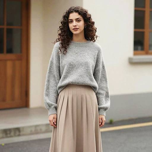 Young Woman in Gray Sweater and Beige Pleated Skirt Outdoor Fashion
