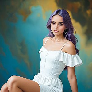 Young Woman with Purple Hair in White Dress