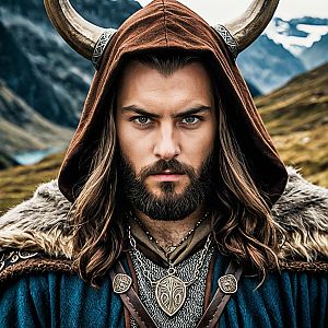 Man in Fantasy Costume with Fur Cloak in Mountains