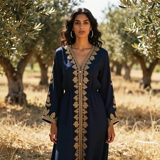 Woman Wearing Navy Blue Gold Embroidered Kaftan in Olive Grove
