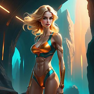 Fit Woman in Futuristic Athletic Outfit in Cavern
