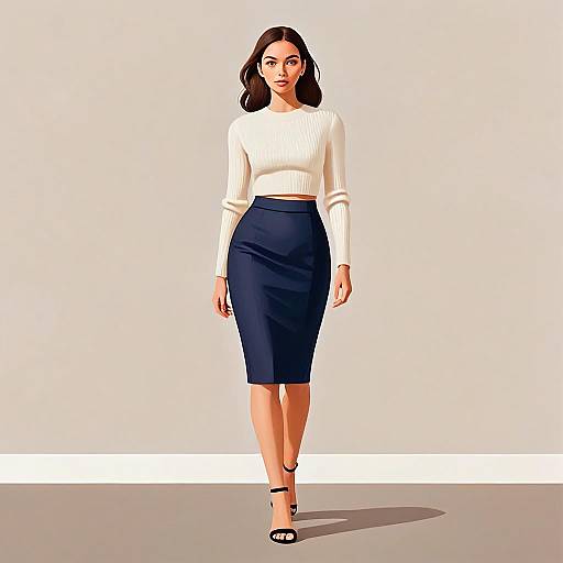 Stylish Woman in Cream Ribbed Crop Top and Navy Pencil Skirt Illustration