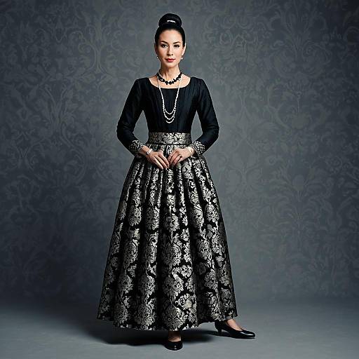 Elegant Woman in Black and Silver Brocade Evening Gown