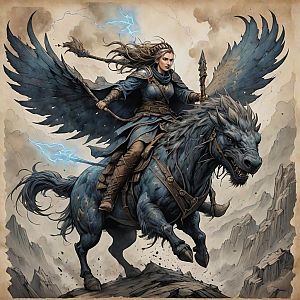 Fierce Warrior on Winged Horse in Lightning Storm