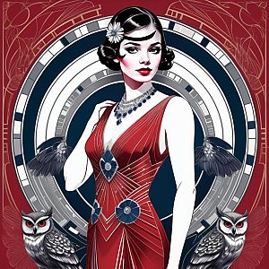 Glamorous Woman in Vintage Red Dress - Art Deco Elegance