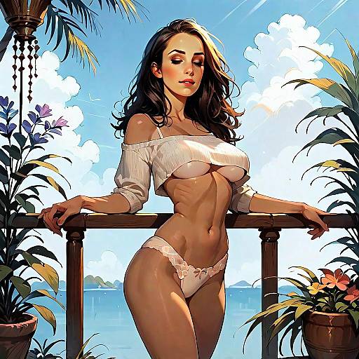 Digital Art of Woman in White Lingerie on Tropical Balcony by Ocean