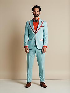 Man in Themed Light Blue and Red Full-Body Costume with Orange Shirt and Bow Tie
