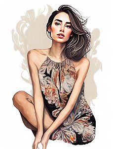 Stylized Digital Illustration of Woman in Floral Dress
