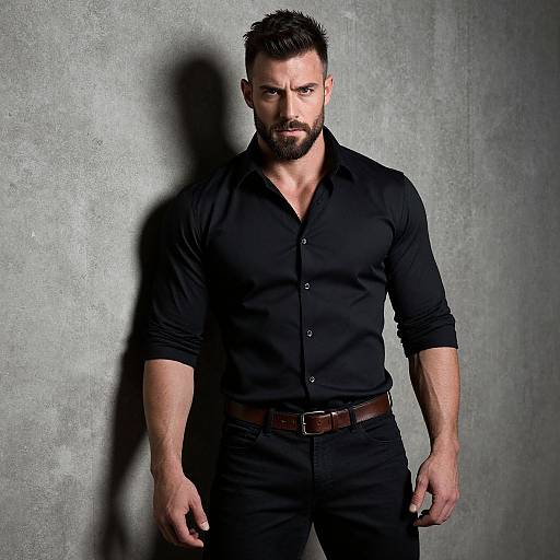 Confident Man in Black Shirt Against Gray Wall Portrait