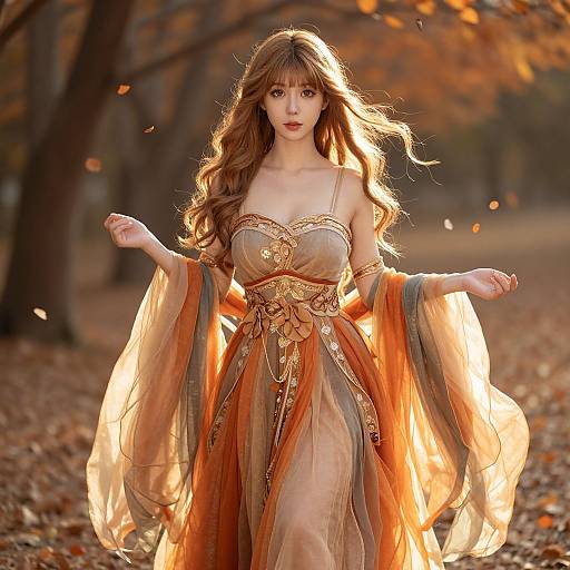 Elegant Woman in Flowing Autumn Dress Outdoors