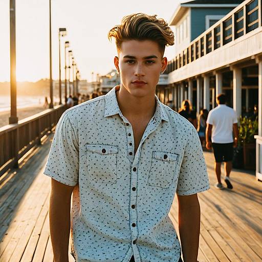 Young Man on Coastal Boardwalk at Sunset in Casual Shirt