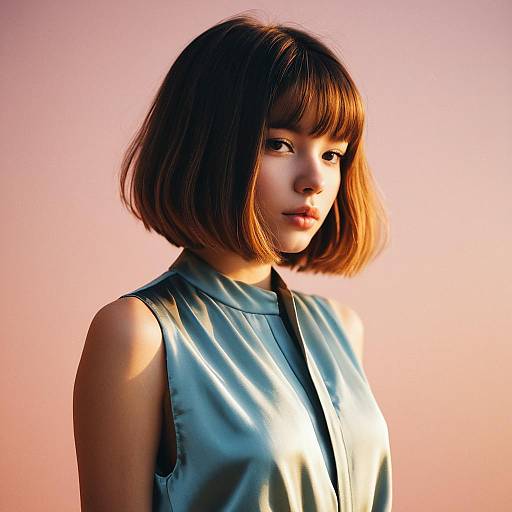 Elegant Young Woman with Bob Haircut in Satin Top Portrait