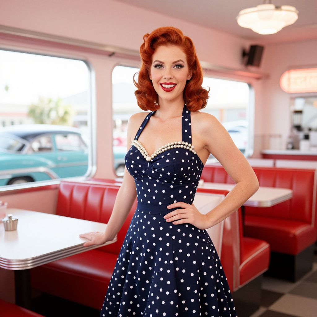 Red Haired Woman in Polka Dot Dress in 1950s Style Diner Interior