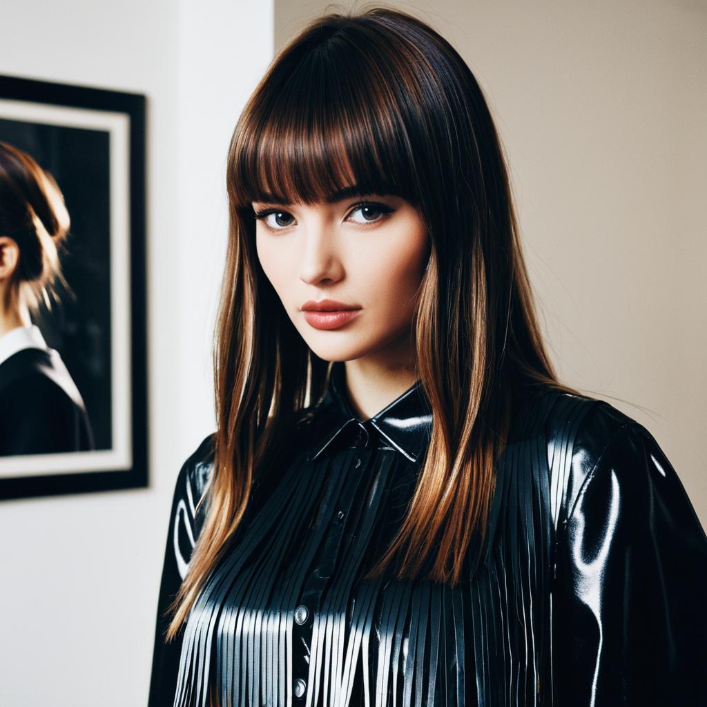 Portrait of Woman in Glossy Black Leather Fringe Shirt with Straight Hair
