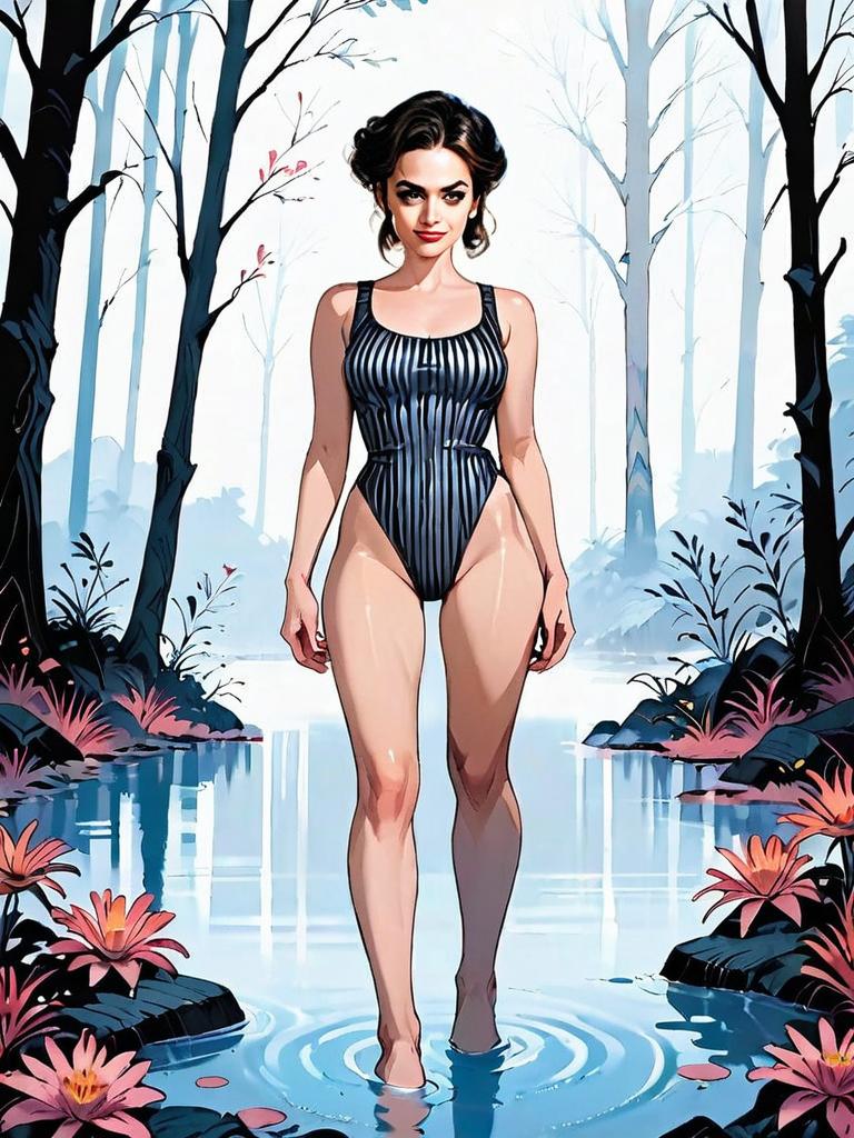 Dark Fantasy Digital Painting of Woman in Striped Swimsuit in Foggy Forest