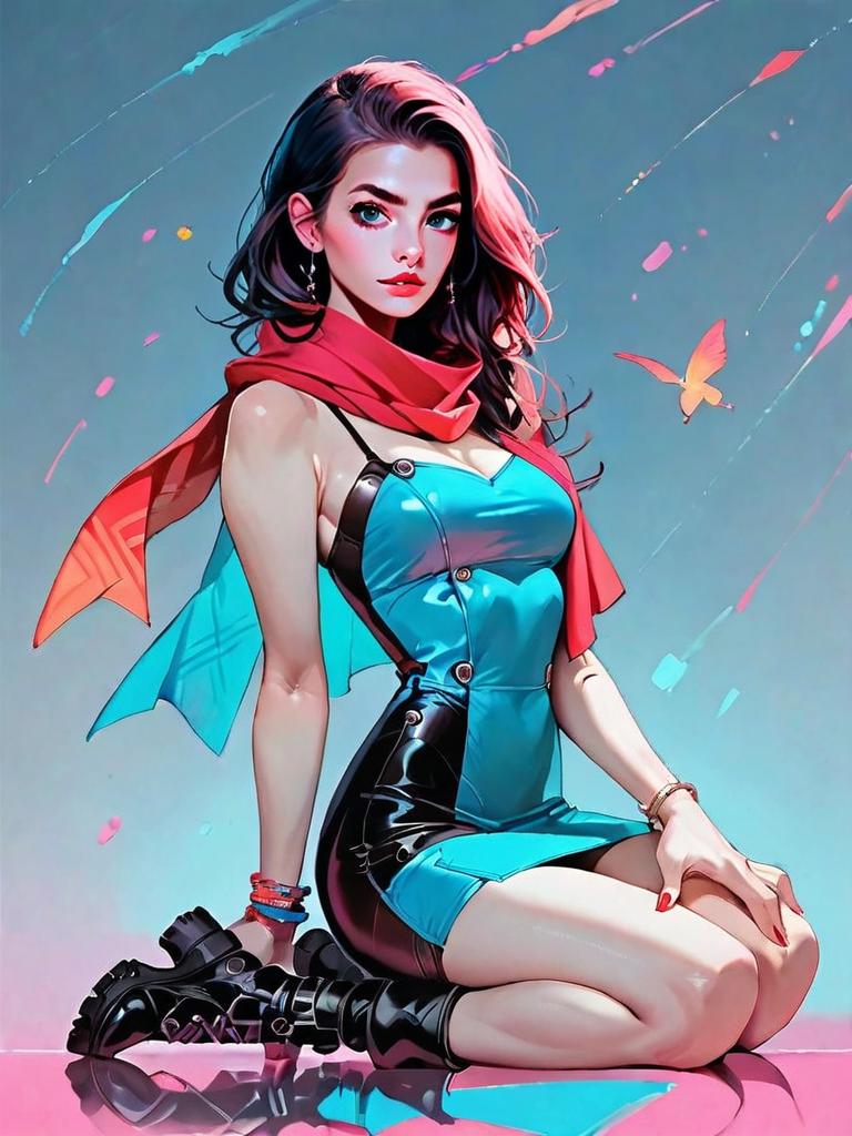 Realistic Anime Style Woman in Bold Satin Bodycon Mini Dress with Red Scarf