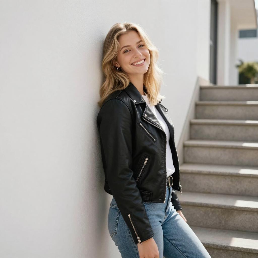 Confident Young Woman in Leather Jacket Leaning on Wall Gen Z Style