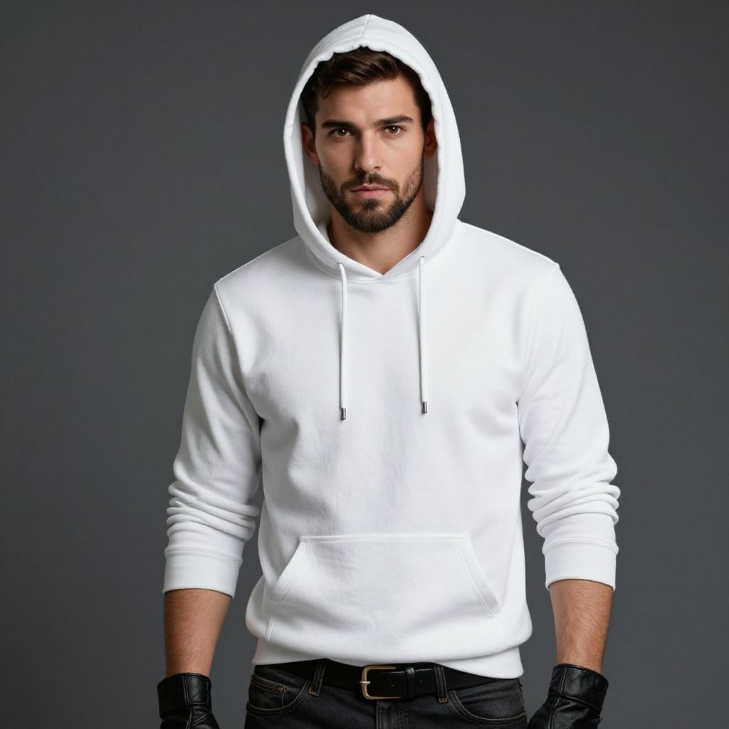 Young Man in White Hoodie and Black Gloves Casual Fashion Portrait