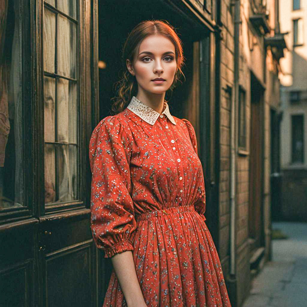 Woman in Vintage Red Floral Dress in Historic Alley