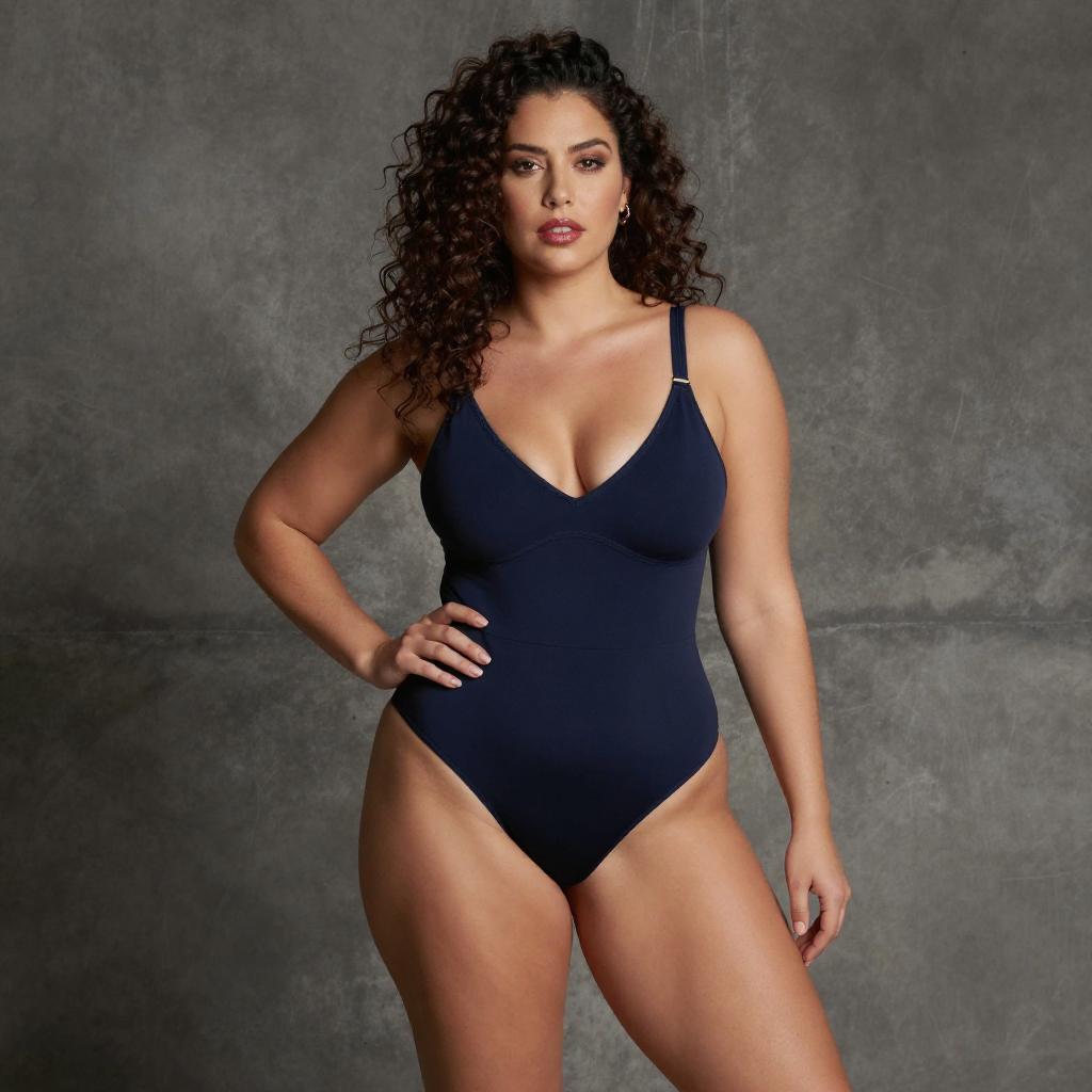 Confident Woman in Navy Blue One-Piece Swimsuit Studio Portrait