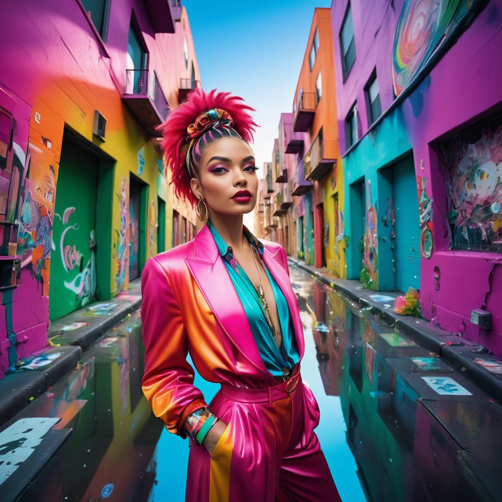 Confident Woman in Pink and Orange Suit in Urban Alleyway