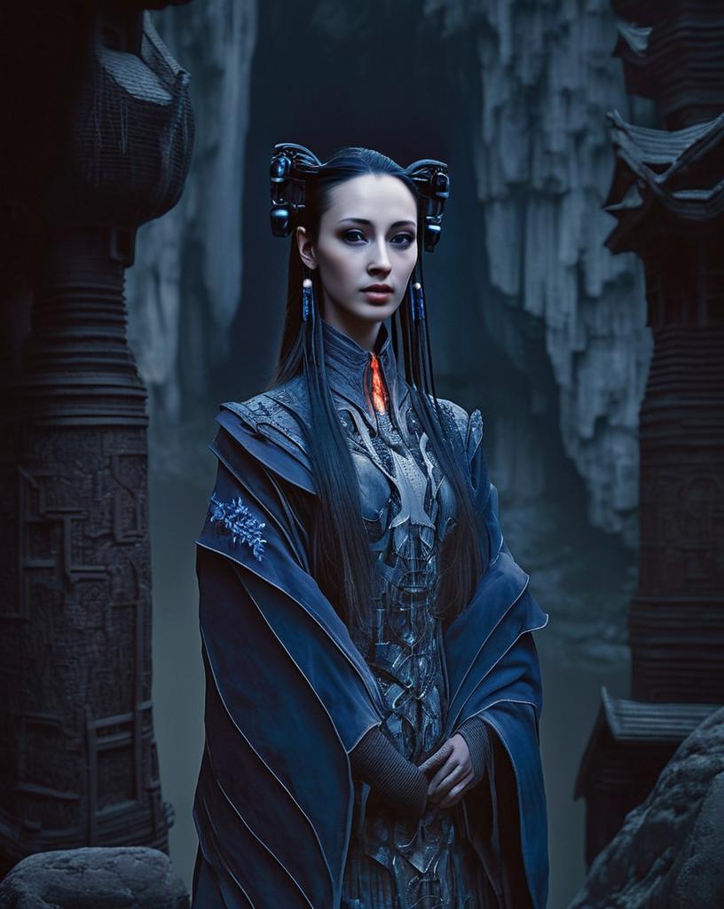 Elegant Woman in Dark Fantasy Costume Against Mystical Rocks Elegant Woman in Dark Fantasy Costume Against Mystical Rocks