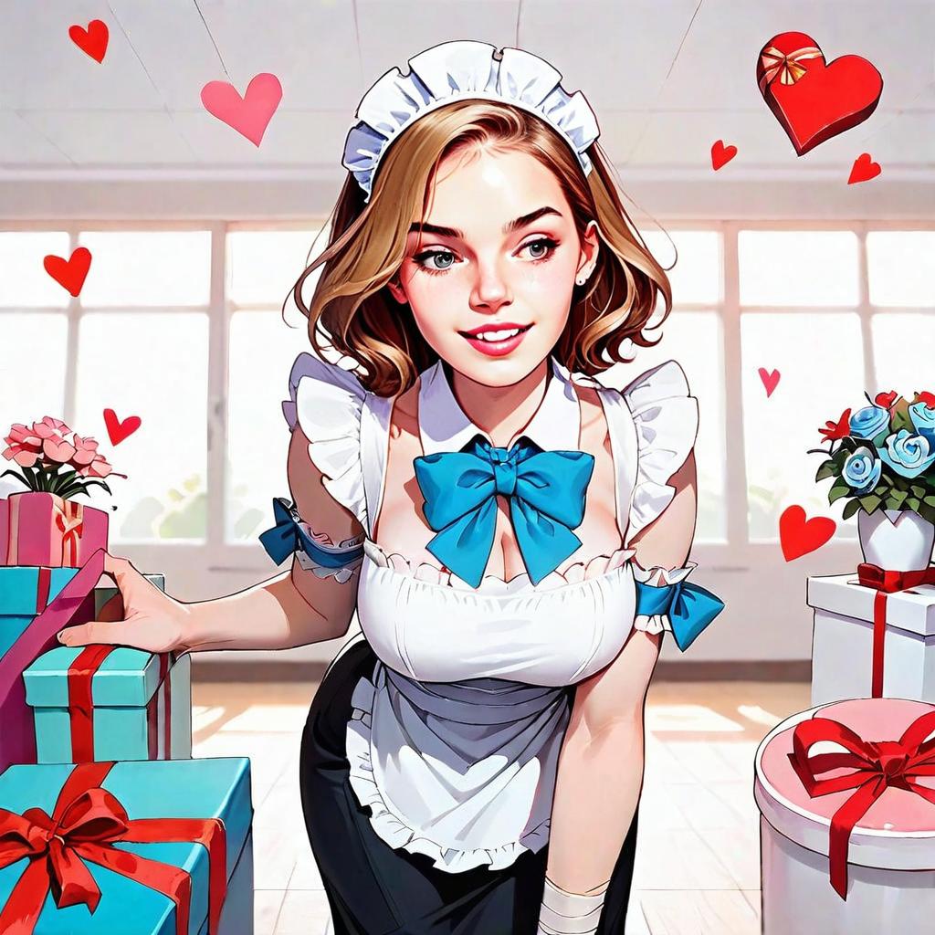 Cheerful Maid Girl Digital Illustration with Gifts and Hearts