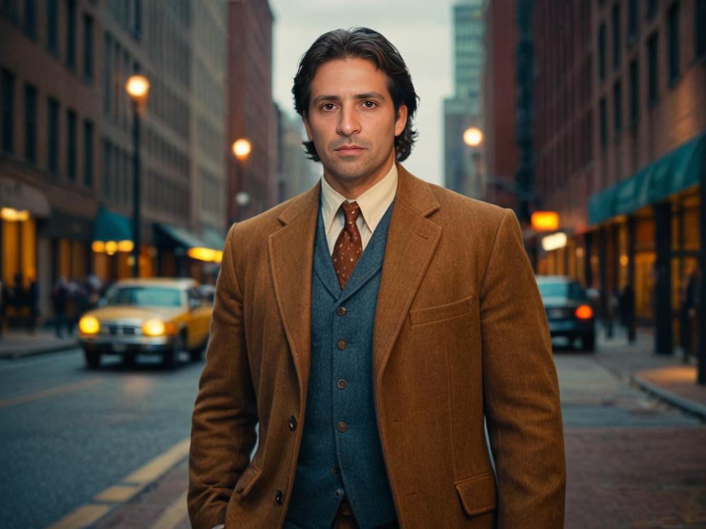 Man in stylish brown suit on bustling city street