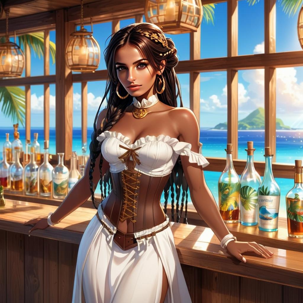 Woman in Off-Shoulder Dress at Ocean View Bar